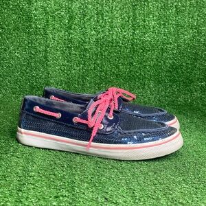 Sperry SZ 4 Girls Kids Navy and Pink Sequin Boat Shoes